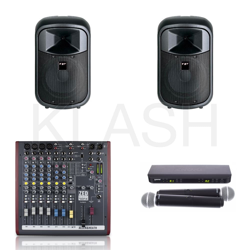 SET KARAOKE AUDIO NOLEGGIABILE A MILANO CON DIFFUSORI FBT JOLLY 12 MICROFONI WIRELESS SHURE E MIXER ALLEN HEATH PER EVENTI E FESTE
