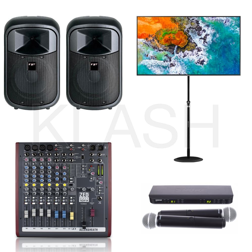 SET KARAOKE AUDIO VIDEO NOLEGGIABILE A MILANO CON DIFFUSORI FBT JOLLY MICROFONI WIRELESS SHURE MIXER ALLEN & HEATH E MONITOR SAMSUNG PER EVENTI E FESTE