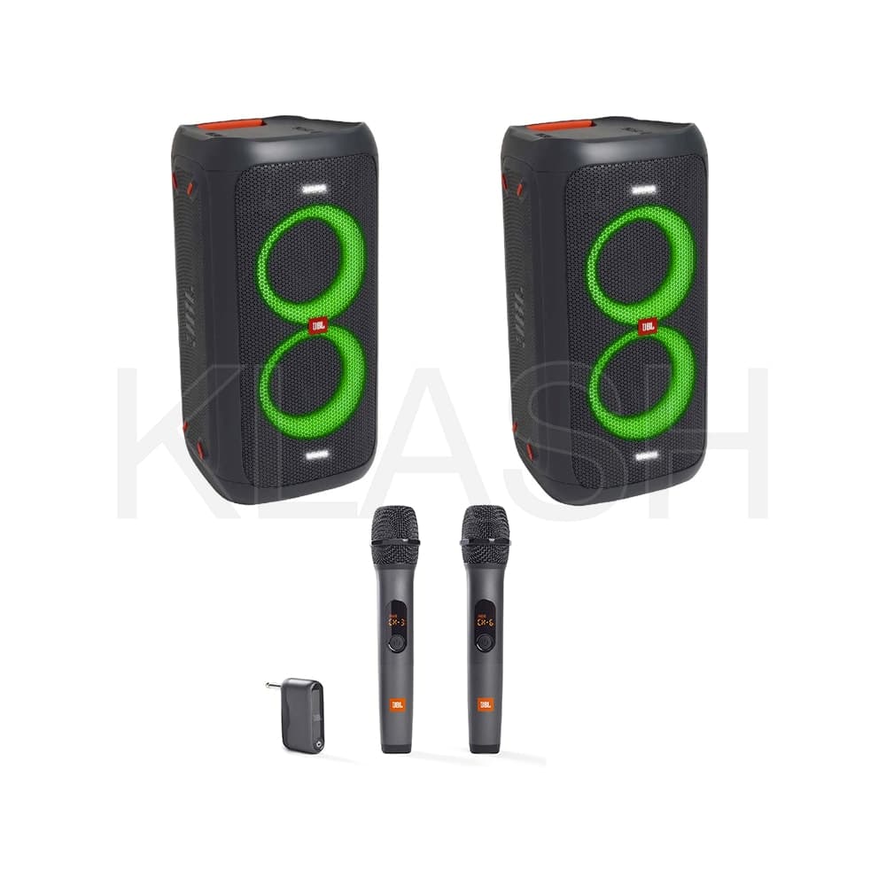 SET KARAOKE AUDIO WIRELESS DISPONIBILE PER IL NOLEGGIO A MILANO INCLUDE DUE CASSE JBL PARTYBOX 100 E MICROFONI WIRELESS PER EVENTI