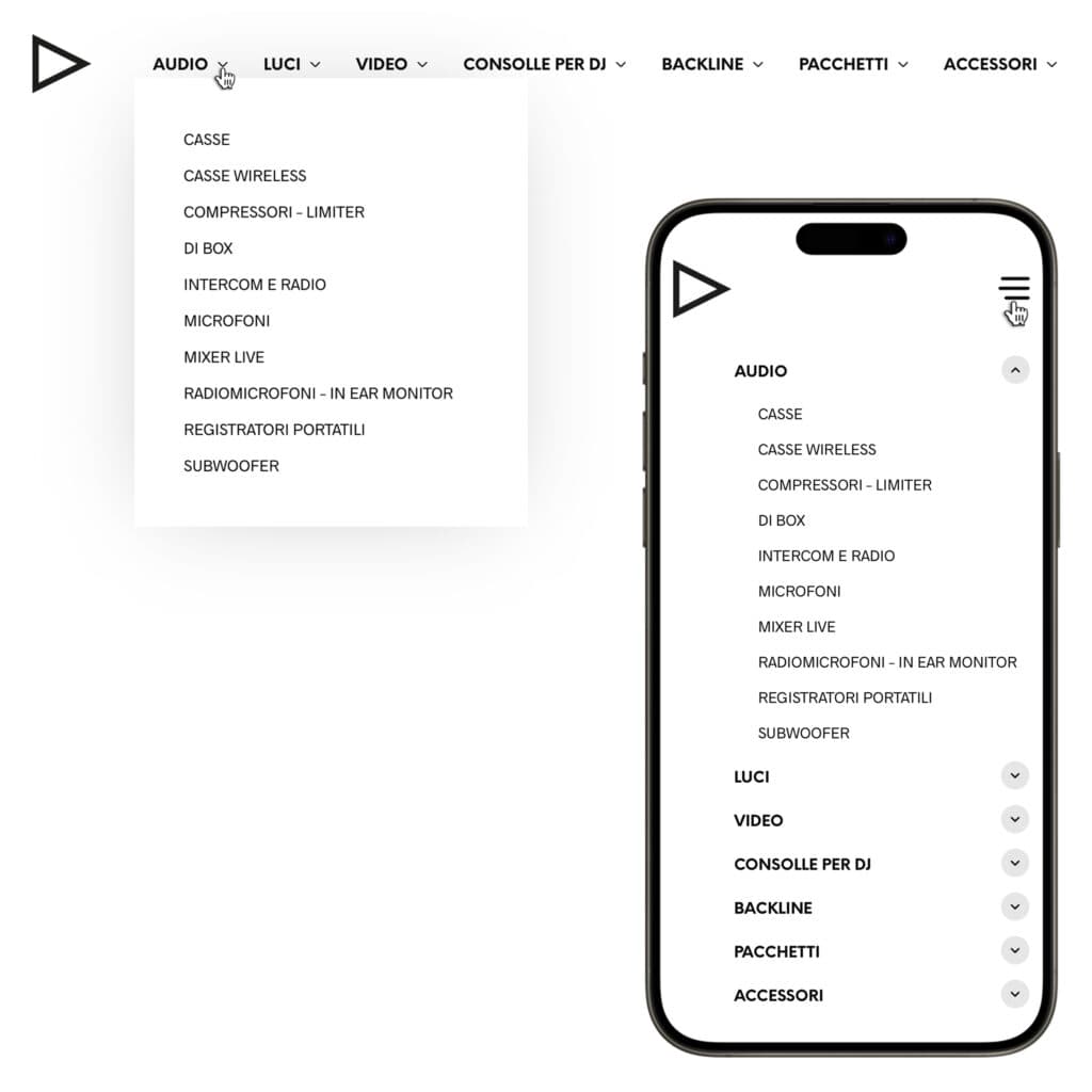 NOLEGGIO AUDIO LUCI VIDEO CONSOLLE DA DJ A MILANO - COME NAVIGARE NEL MENÙ DEL NOSTRO SITO