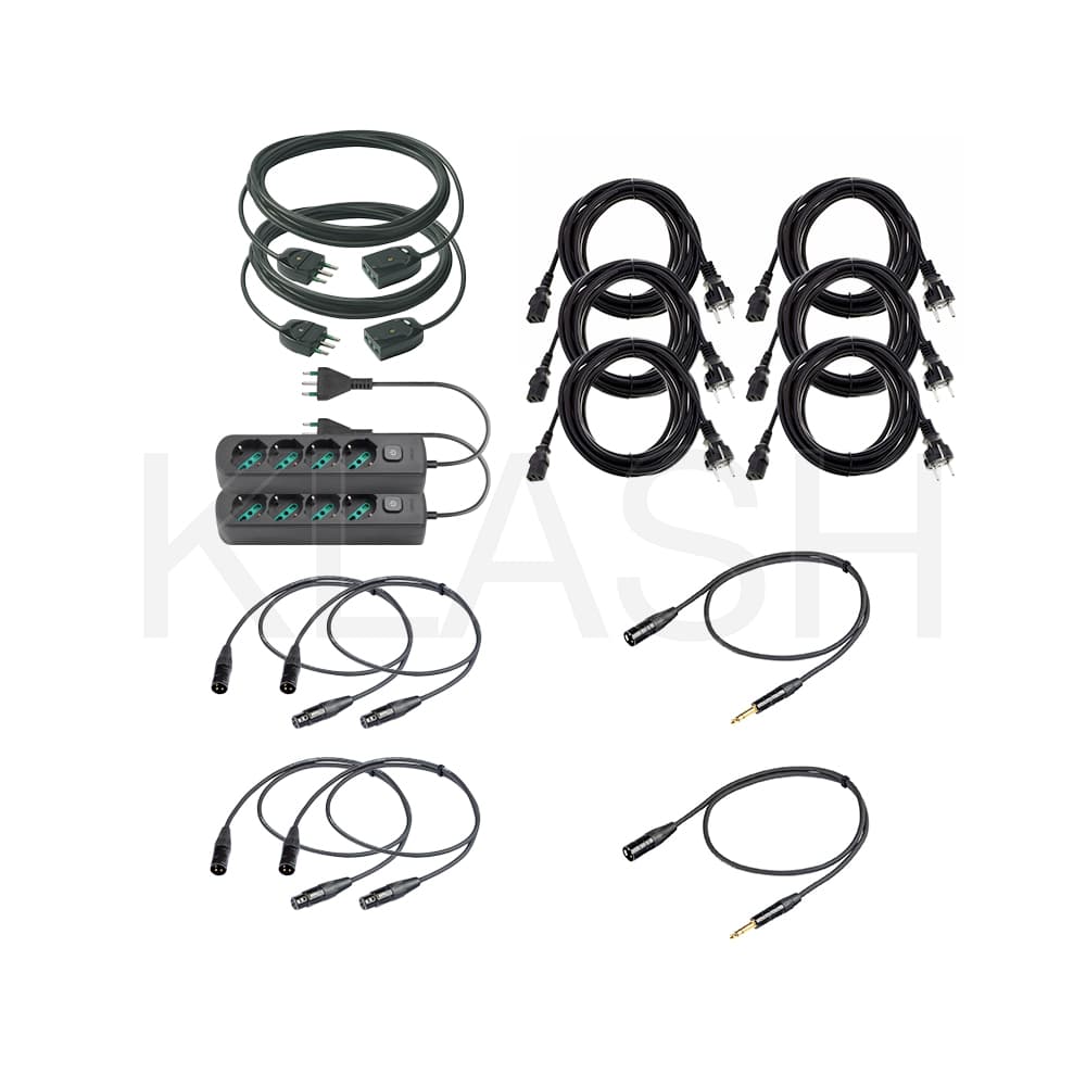 FOTO KIT CAVI AVANZATO 5 M PER NOLEGGIO A MILANO CON 2 PROLUNGHE 16A 2 CIABATTE 6 VDE 4 XLR E 2 JACK XLR PER DJ REGIA PALCO BACKLINE EVENTI LIVE